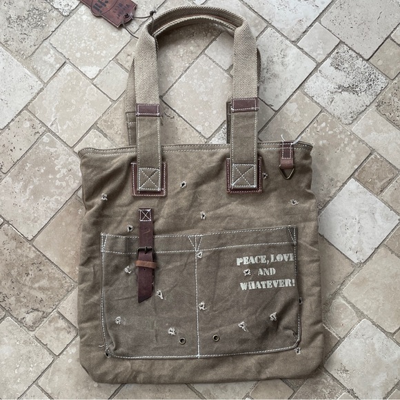 uchi Handbags - NWT Canvas Tote Bag Leather Accents Upcycled Recycled Outdoor Tents